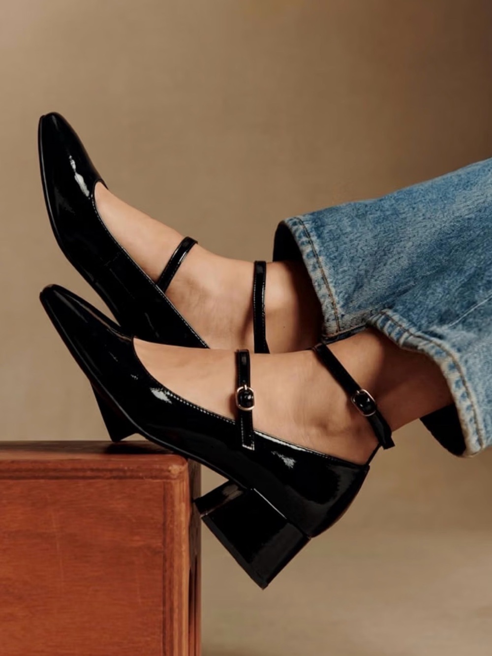 Black Patent Mary Jane Block Heel Pumps
